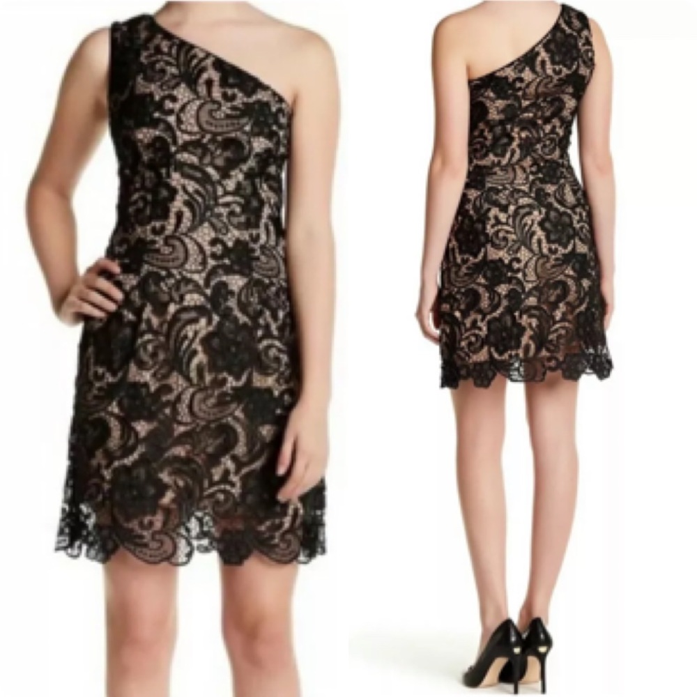 Dress the population Isabella lace mini dress one shoulder party black S